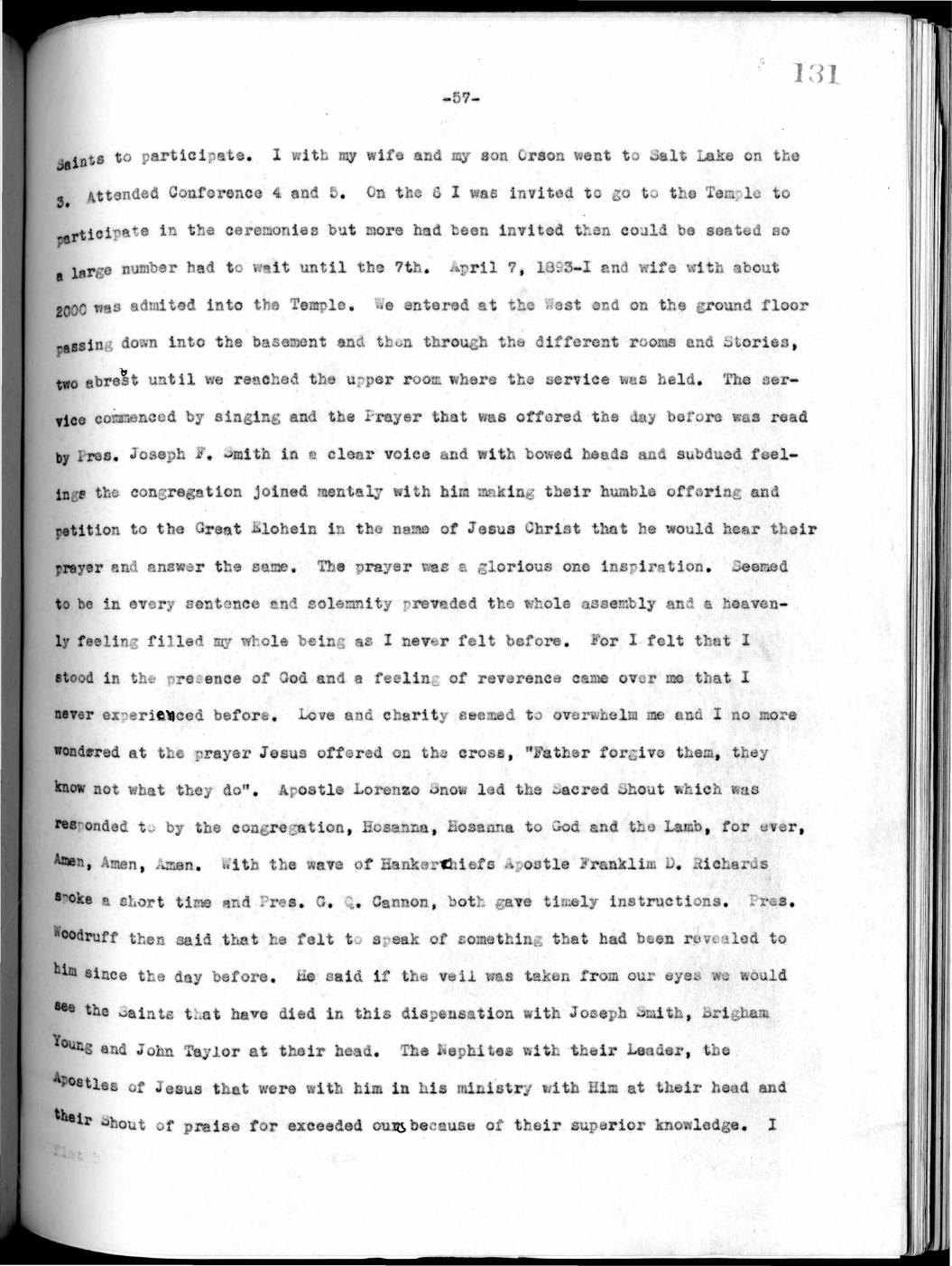 Page from Thomas Sleight journal transcription containing the 1893 temple dedication account