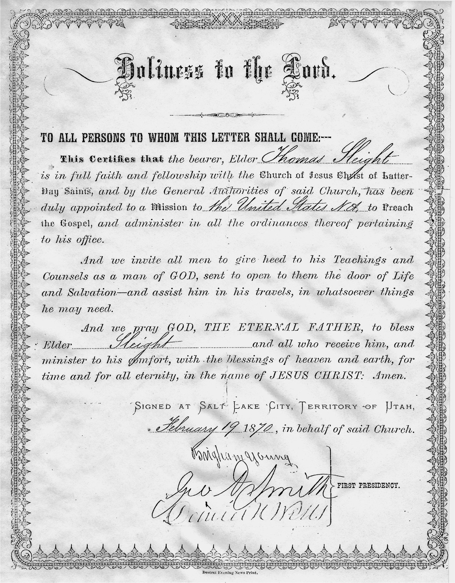 Thomas Sleight 1870 mission certificate