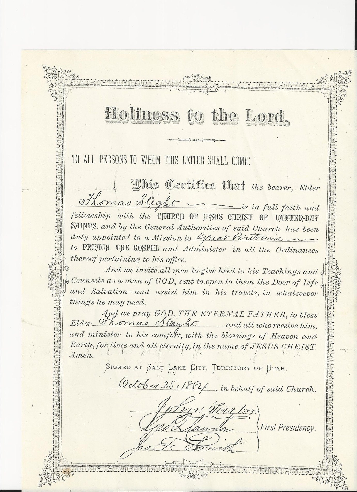 Thomas Sleight 1884 Great Britain mission certificate